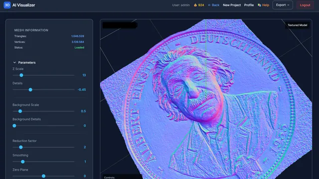 i3D Model Editor turning a coin image into a 3D relief