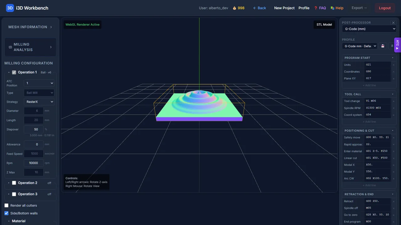 MillX — after Calculate (milling analysis available, Export GCODE enabled).